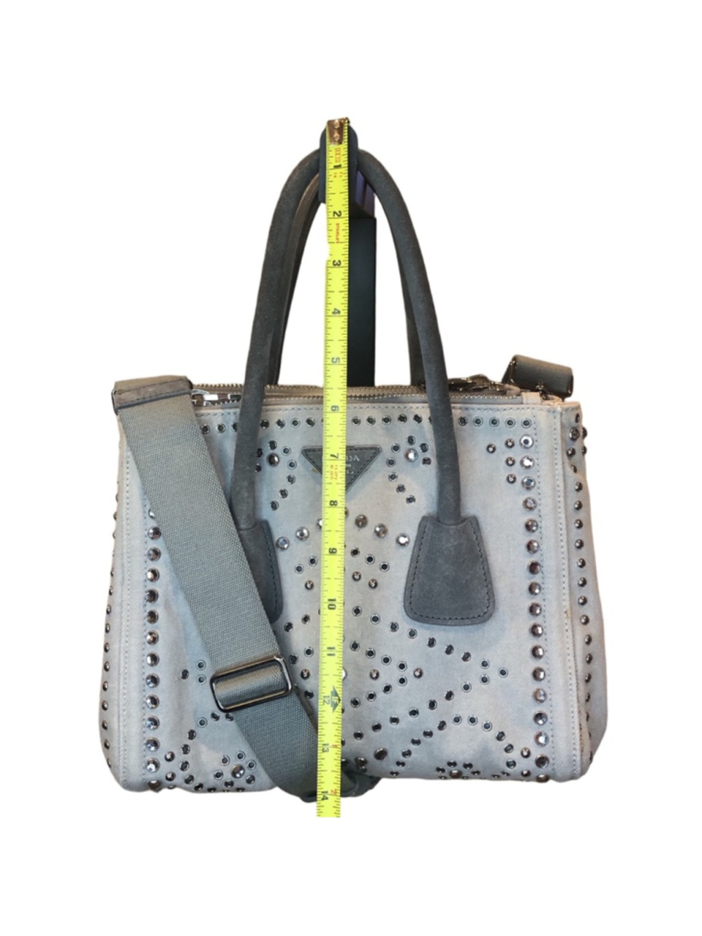 PRADA Canapa Bijoux 2-Way LT Grey Canvas Tote Bag Adorned with Crystals & Studs - Picture 15 of 17